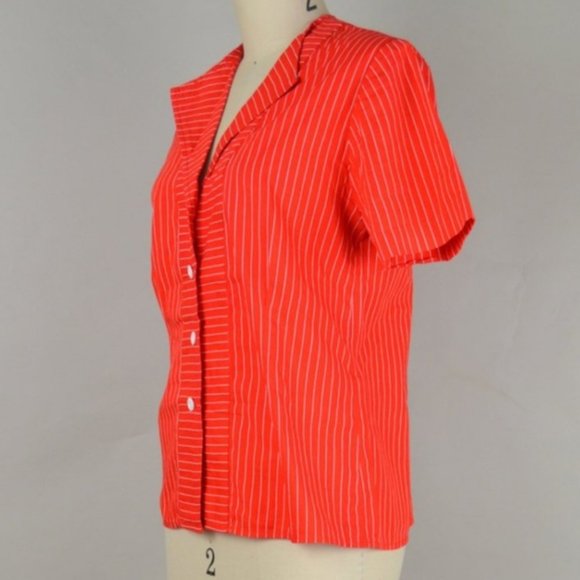 Vintage 1980s Red & White Striped Short Sleeve Button Down Shirt Small Medium - Picture 2 of 5